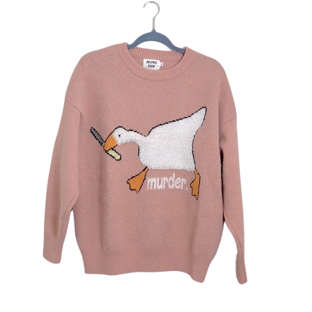 Aelfric Eden Pink Duck Sweater Size Large Chunky Novelty Animal Bird Quirky Cute